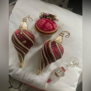 Regal Velvet Beaded Red and Gold Christmas Ornaments-lot Of 4